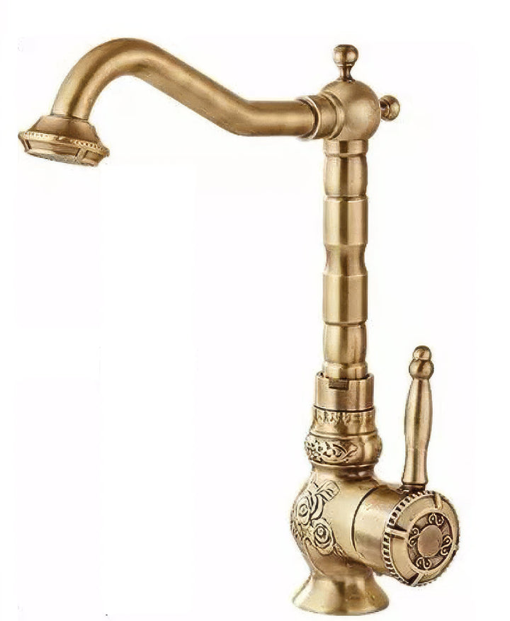 Grifos de lavabo Grifo de baño de latón antiguo Grifo de tallado de lavabo Girar una manija Grifos mezcladores de agua fría y caliente Grúa