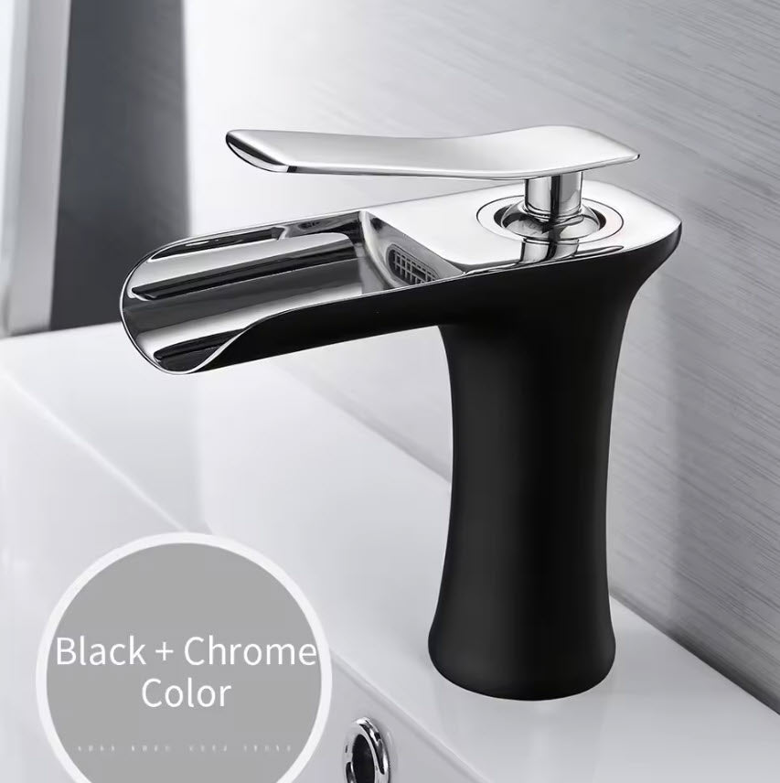 Modern Sleek Brass Waterfall Short Basin Faucet with Single Handle Hot and Cold Water Mixer