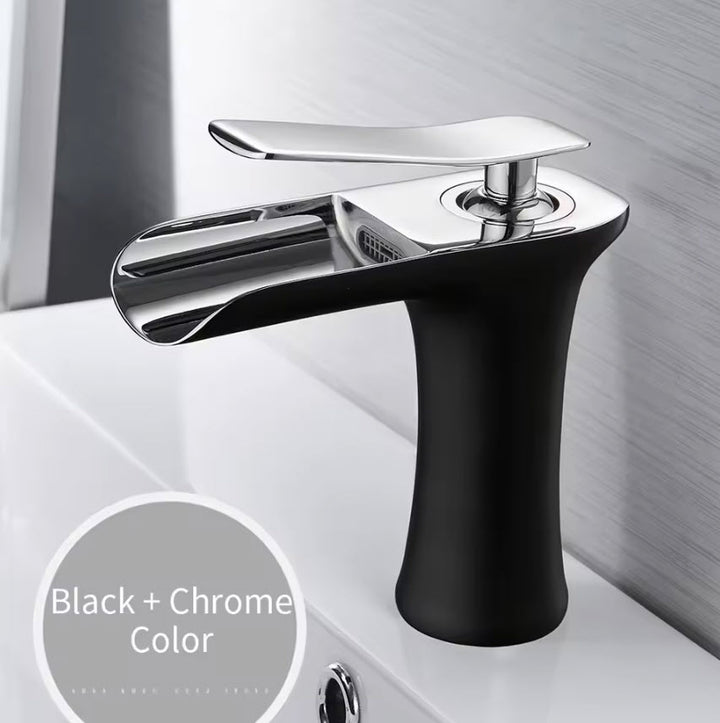 Modern Sleek Brass Waterfall Short Basin Faucet with Single Handle Hot and Cold Water Mixer