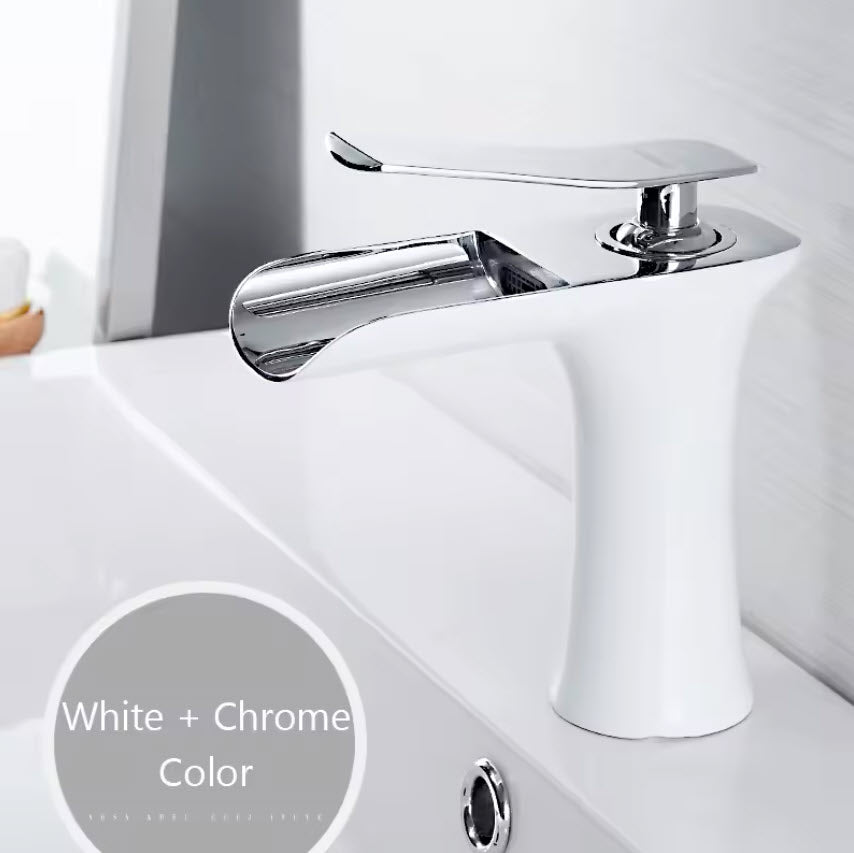 Modern Sleek Brass Waterfall Short Basin Faucet with Single Handle Hot and Cold Water Mixer