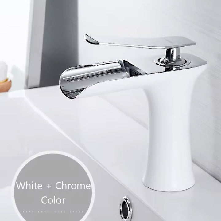 Modern Sleek Brass Waterfall Short Basin Faucet with Single Handle Hot and Cold Water Mixer