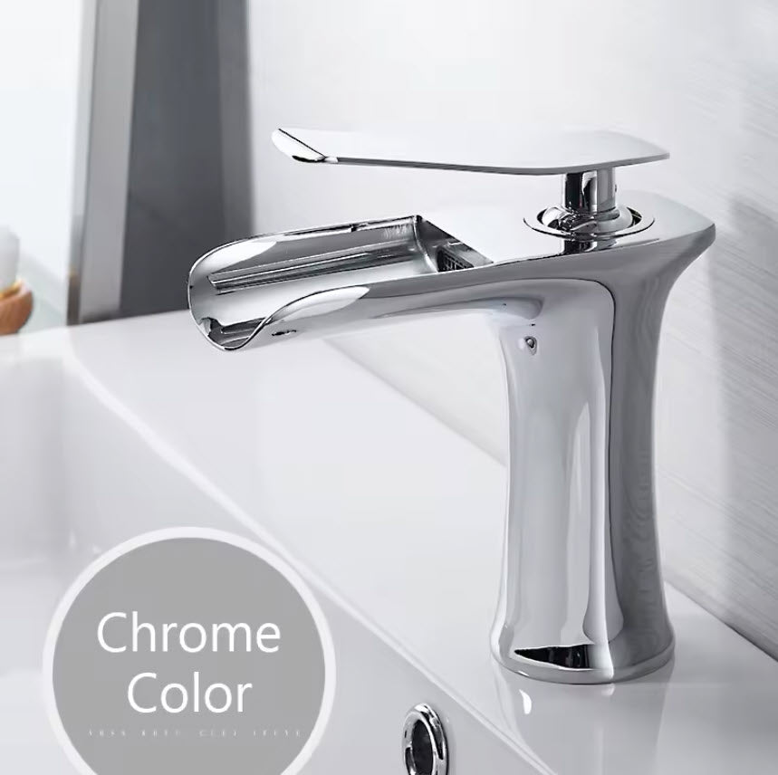 Modern Sleek Brass Waterfall Short Basin Faucet with Single Handle Hot and Cold Water Mixer