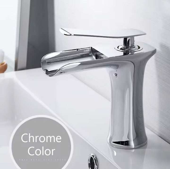 Modern Sleek Brass Waterfall Short Basin Faucet with Single Handle Hot and Cold Water Mixer