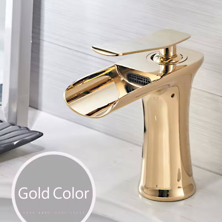 Modern Sleek Brass Waterfall Short Basin Faucet with Single Handle Hot and Cold Water Mixer