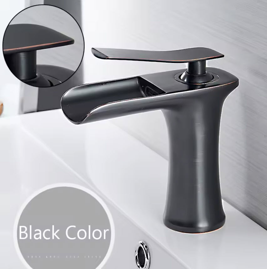 Modern Sleek Brass Waterfall Short Basin Faucet with Single Handle Hot and Cold Water Mixer