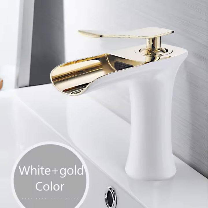 Modern Sleek Brass Waterfall Short Basin Faucet with Single Handle Hot and Cold Water Mixer