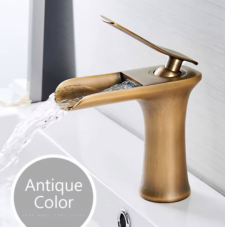 Modern Sleek Brass Waterfall Short Basin Faucet with Single Handle Hot and Cold Water Mixer
