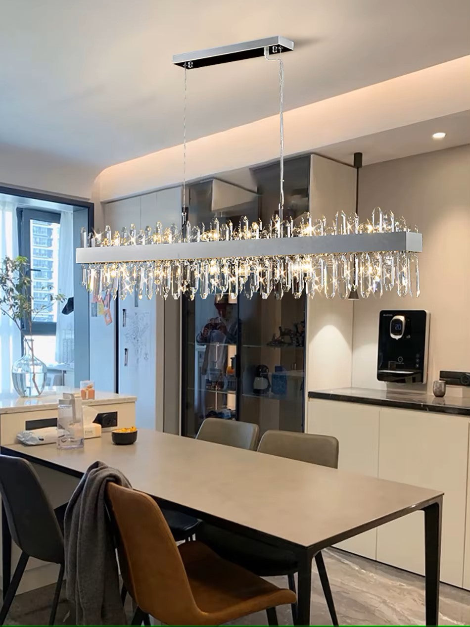 Contemporary Rectangular Crystal Chandelier in Chrome for Kitchen Island and Living Room