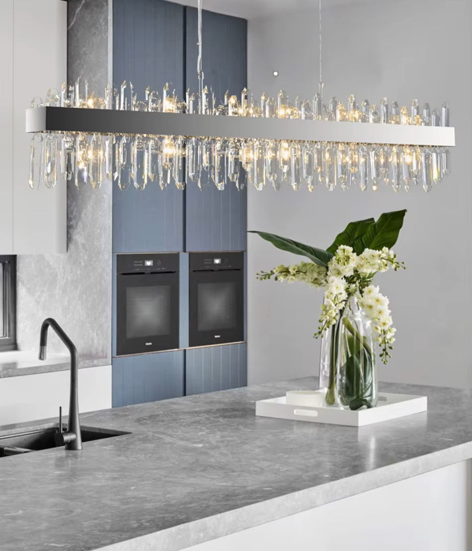 Contemporary Rectangular Crystal Chandelier in Chrome for Kitchen Island and Living Room