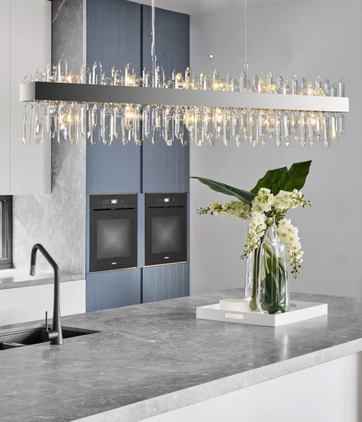 Contemporary Rectangular Crystal Chandelier in Chrome for Kitchen Island and Living Room