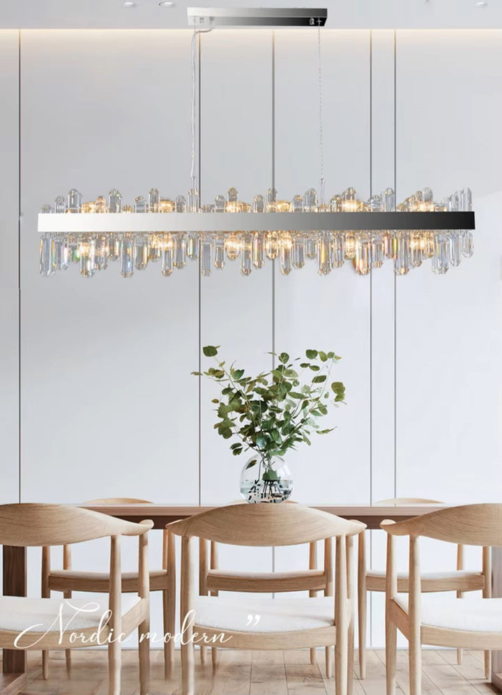 Contemporary Rectangular Crystal Chandelier in Chrome for Kitchen Island and Living Room