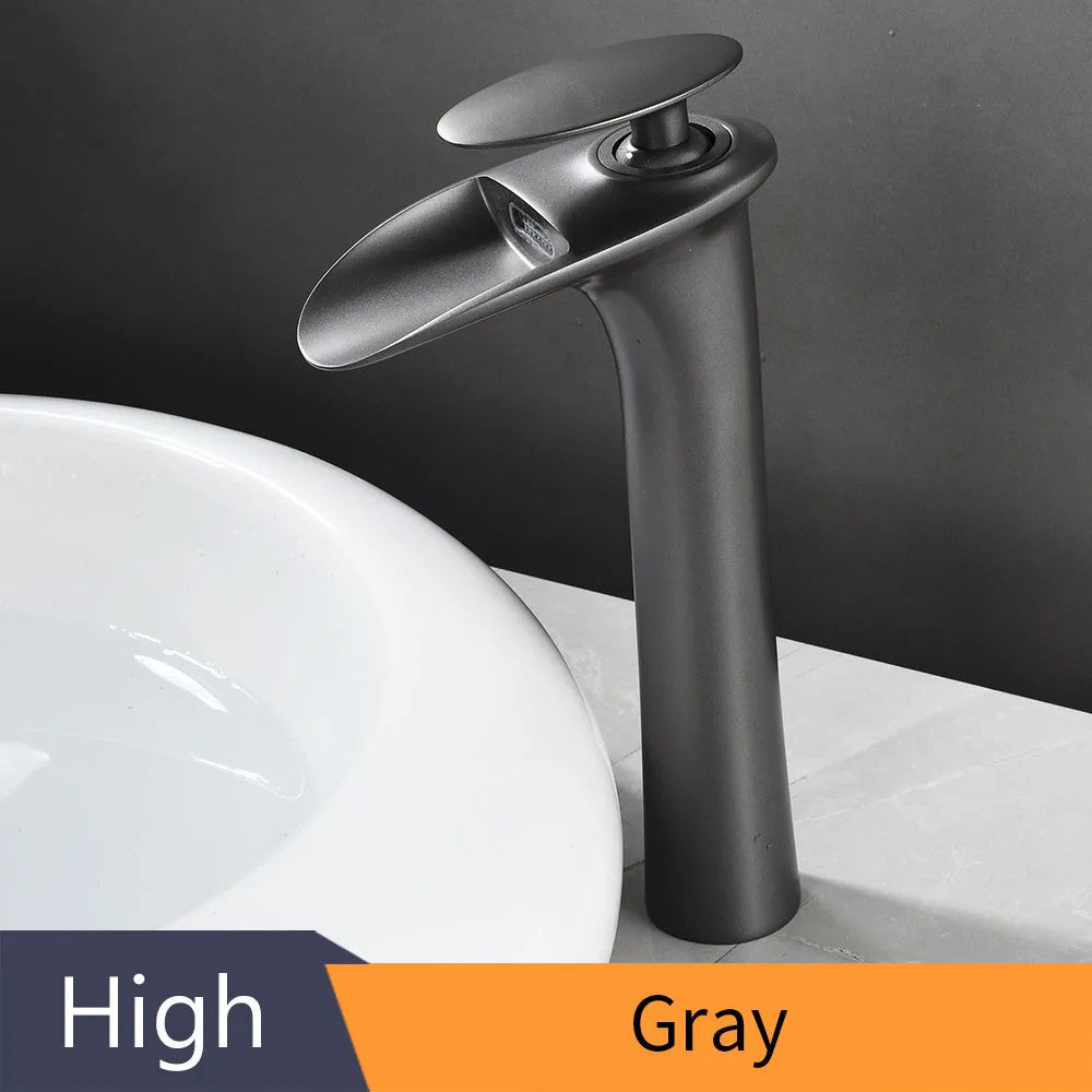 Modern Sleek Brass Waterfall Tall Basin Faucet with Single Handle Hot and Cold Water Mixer