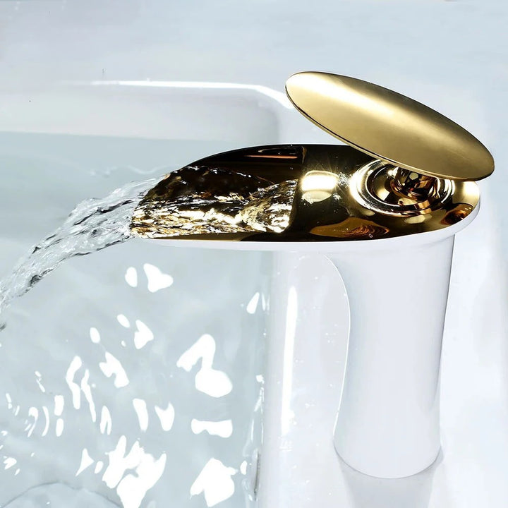 Modern Sleek Brass Waterfall Short Basin Faucet with Single Handle Hot and Cold Water Mixer