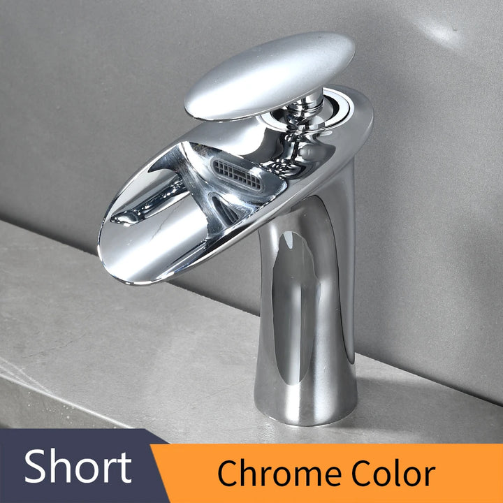 Modern Sleek Brass Waterfall Short Basin Faucet with Single Handle Hot and Cold Water Mixer