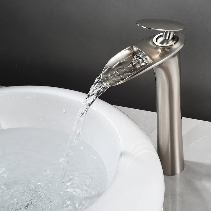 Modern Sleek Brass Waterfall Tall Basin Faucet with Single Handle Hot and Cold Water Mixer