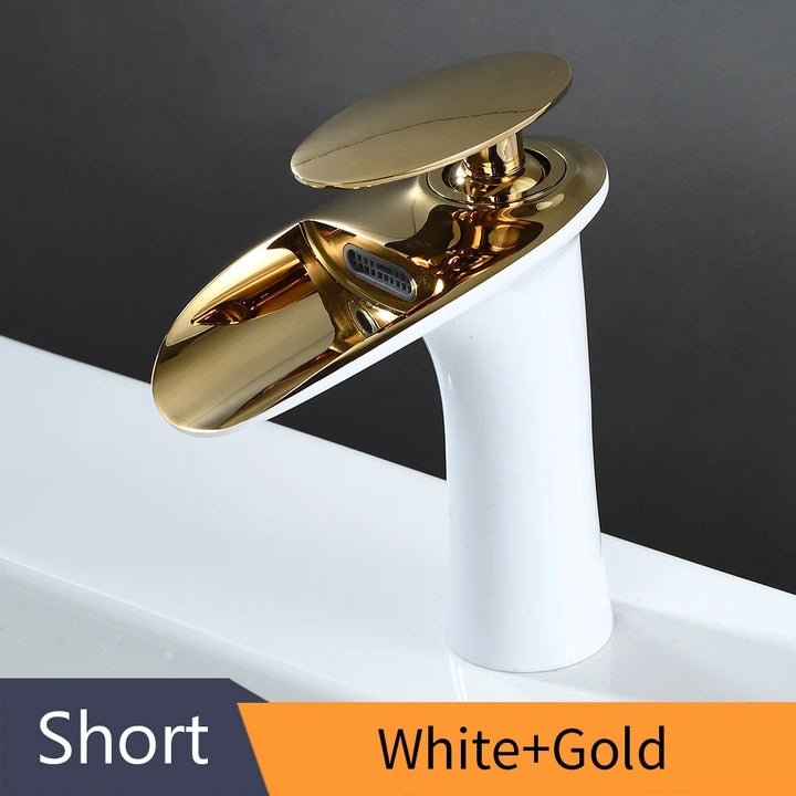 Modern Sleek Brass Waterfall Short Basin Faucet with Single Handle Hot and Cold Water Mixer
