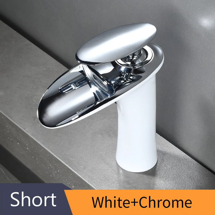 Modern Sleek Brass Waterfall Short Basin Faucet with Single Handle Hot and Cold Water Mixer