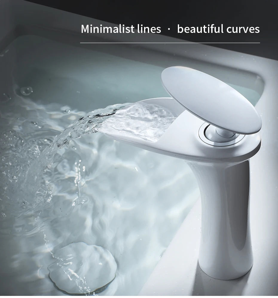Modern Sleek Brass Waterfall Short Basin Faucet with Single Handle Hot and Cold Water Mixer