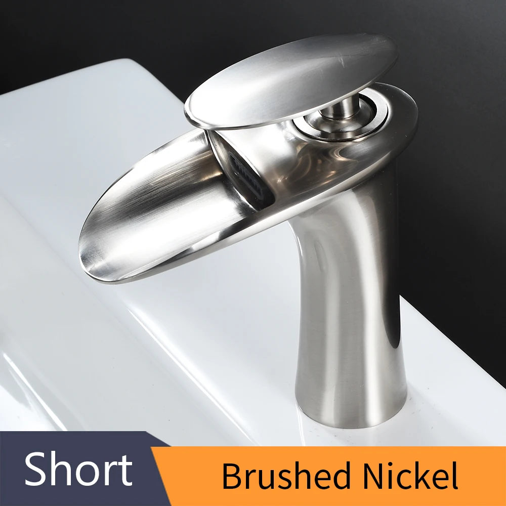 Modern Sleek Brass Waterfall Short Basin Faucet with Single Handle Hot and Cold Water Mixer