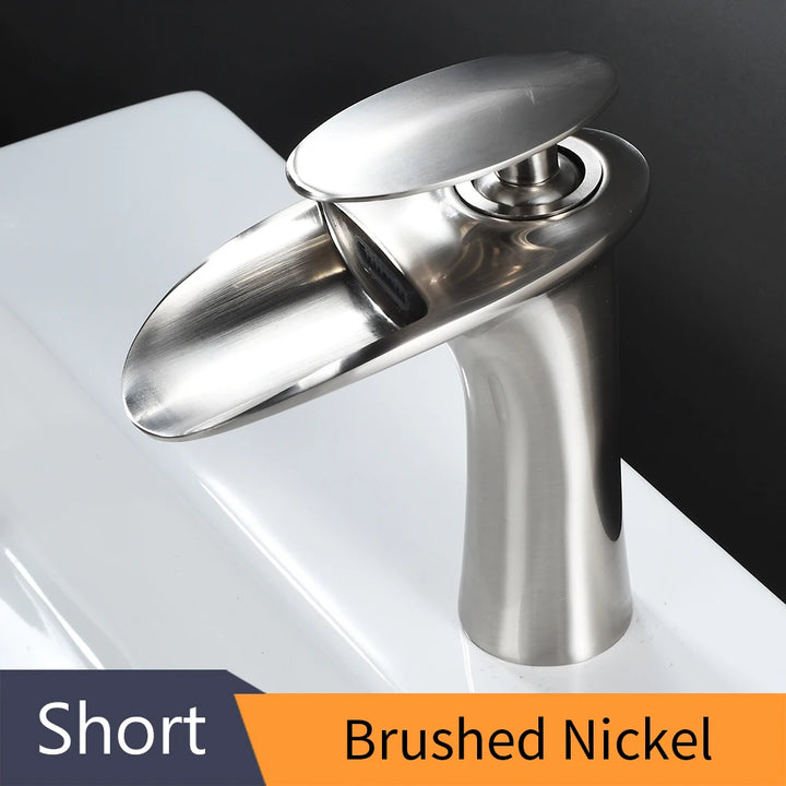 Modern Sleek Brass Waterfall Short Basin Faucet with Single Handle Hot and Cold Water Mixer