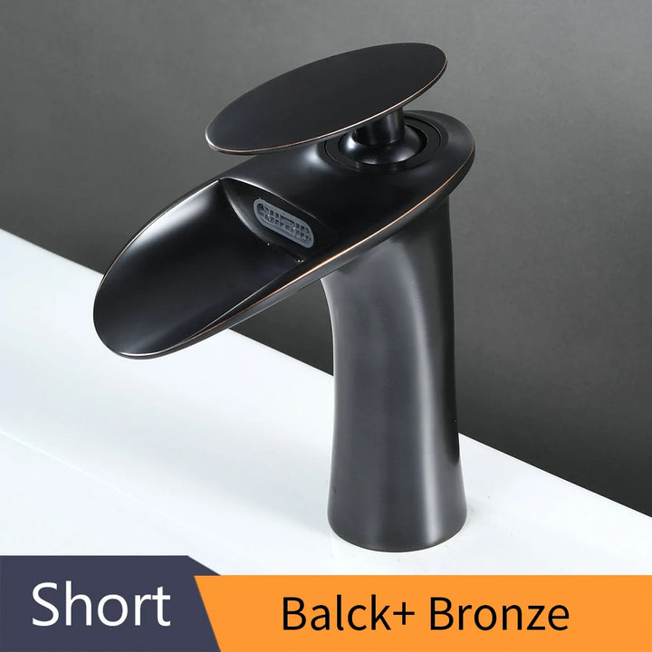 Modern Sleek Brass Waterfall Short Basin Faucet with Single Handle Hot and Cold Water Mixer