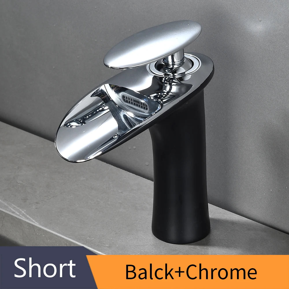 Modern Sleek Brass Waterfall Short Basin Faucet with Single Handle Hot and Cold Water Mixer