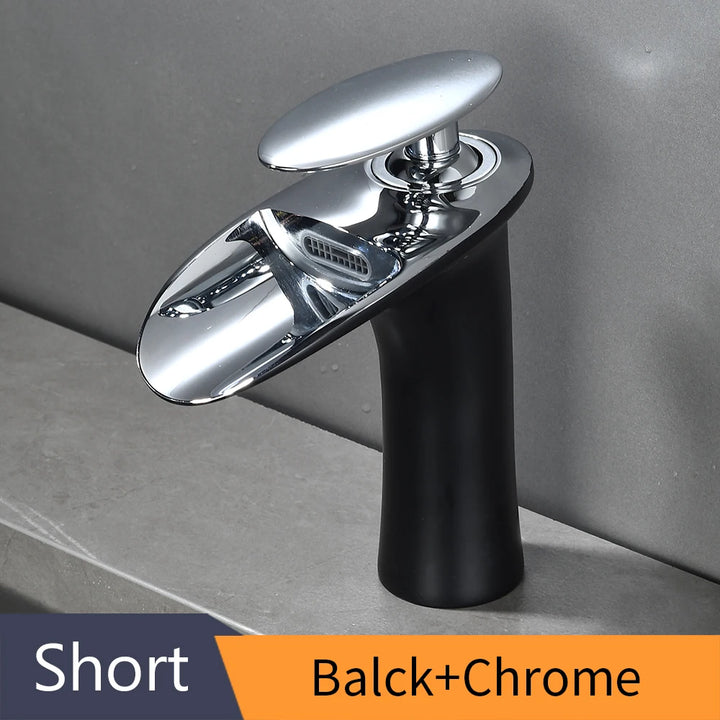 Modern Sleek Brass Waterfall Short Basin Faucet with Single Handle Hot and Cold Water Mixer