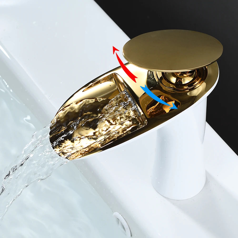 Modern Sleek Brass Waterfall Short Basin Faucet with Single Handle Hot and Cold Water Mixer
