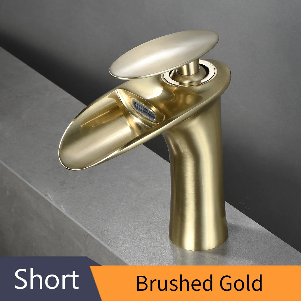Modern Sleek Brass Waterfall Short Basin Faucet with Single Handle Hot and Cold Water Mixer