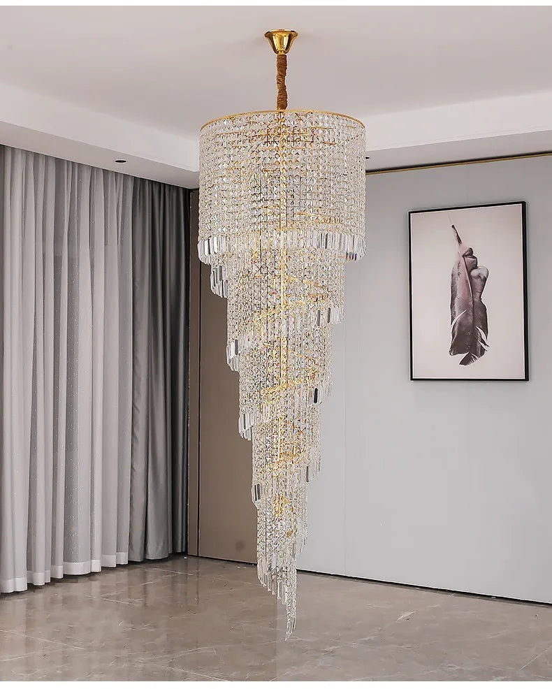 Candelabro de cristal moderno de lujo para escalera Loft largo Accesorio de iluminación negro Villa Vestíbulo Sala de estar