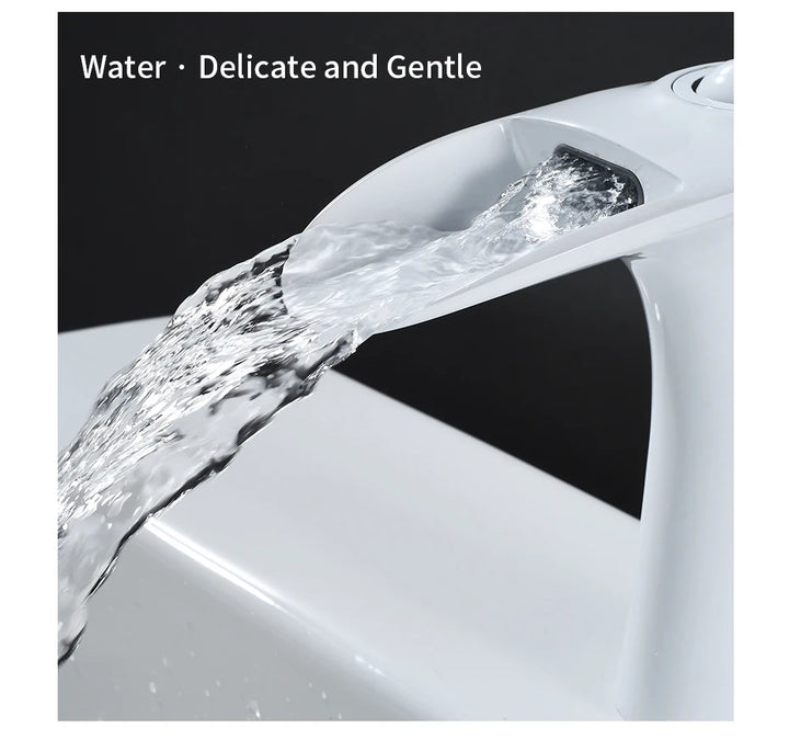 Modern Sleek Brass Waterfall Short Basin Faucet with Single Handle Hot and Cold Water Mixer