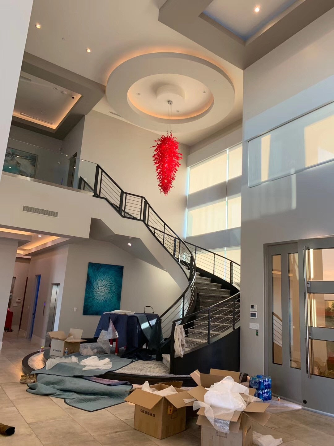 Red Murano Glass Chandelier Staircase LED Lustres Modern Hanging Light Fixture