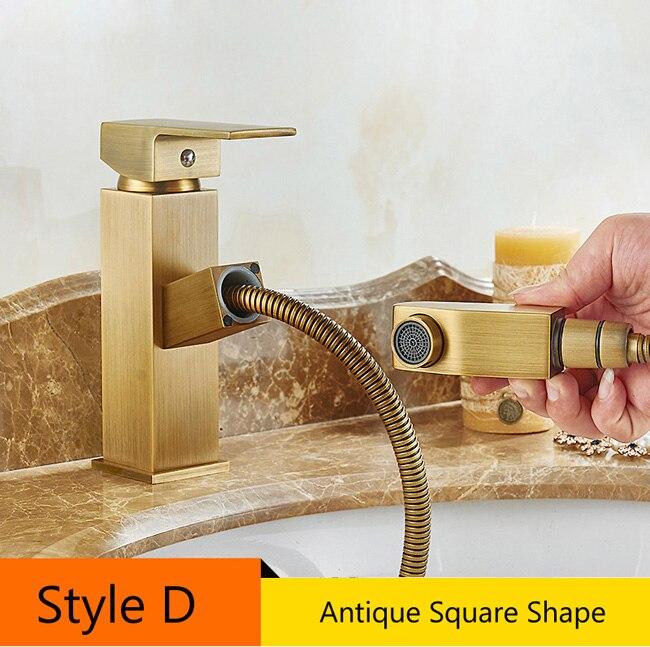 Antique Brass Pull Out Bathroom Faucet Deck Mounted Vanity Sink Hot and Cold Basin Mixer Tap Deck Mounted Brass Crane Cock - ATY Home Decor