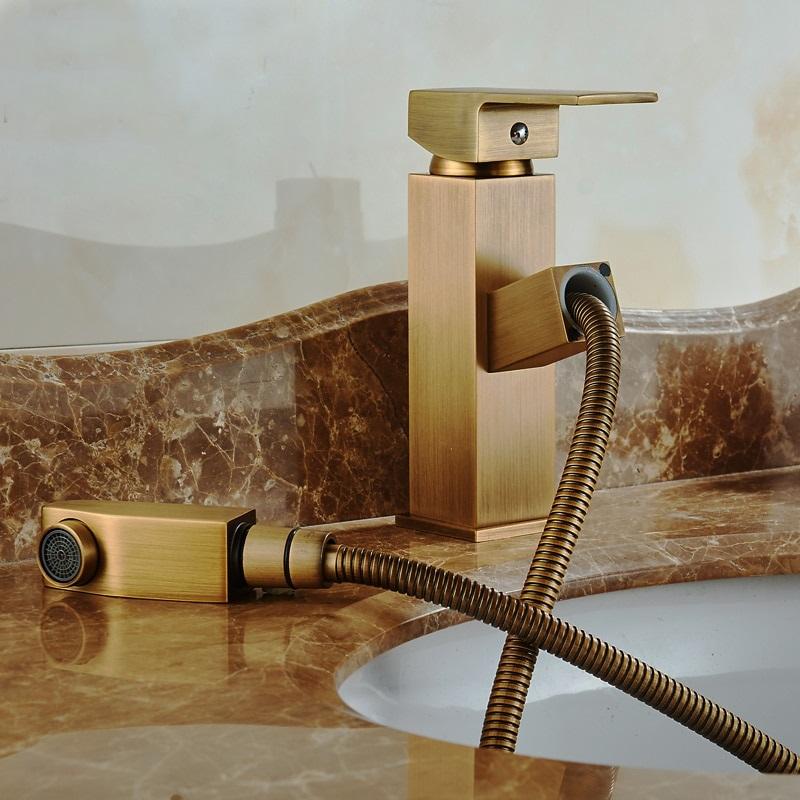 Antique Brass Pull Out Bathroom Faucet Deck Mounted Vanity Sink Hot and Cold Basin Mixer Tap Deck Mounted Brass Crane Cock - ATY Home Decor