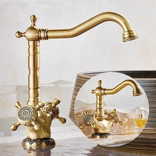 Basin Faucets Antique Brass Bathroom Faucet Basin Carving Tap Rotate Double Handle Hot and Cold Water Mixer Taps - ATY Home Decor