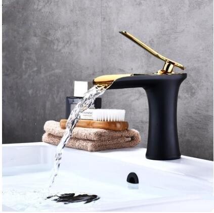 Basin Faucets Waterfall Bathroom Faucet Single Handle Basin Mixer Hot And Cold Black And Gold Faucet Brass Sink Water Crane - ATY Home Decor