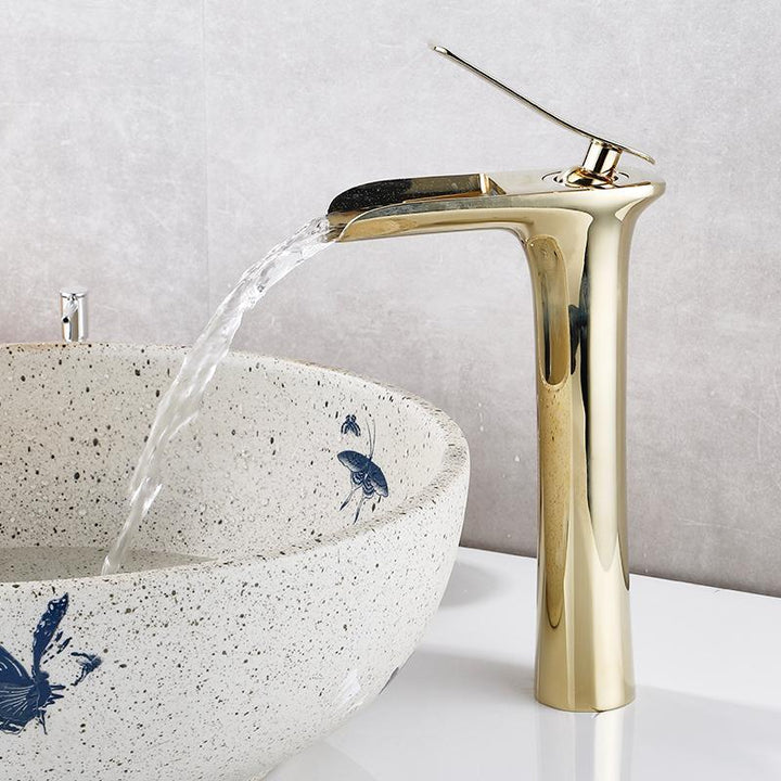 Basin Faucets Waterfall Bathroom Faucet Single Handle Basin Mixer Hot And Cold Black And Gold Faucet Brass Sink Water Crane - ATY Home Decor