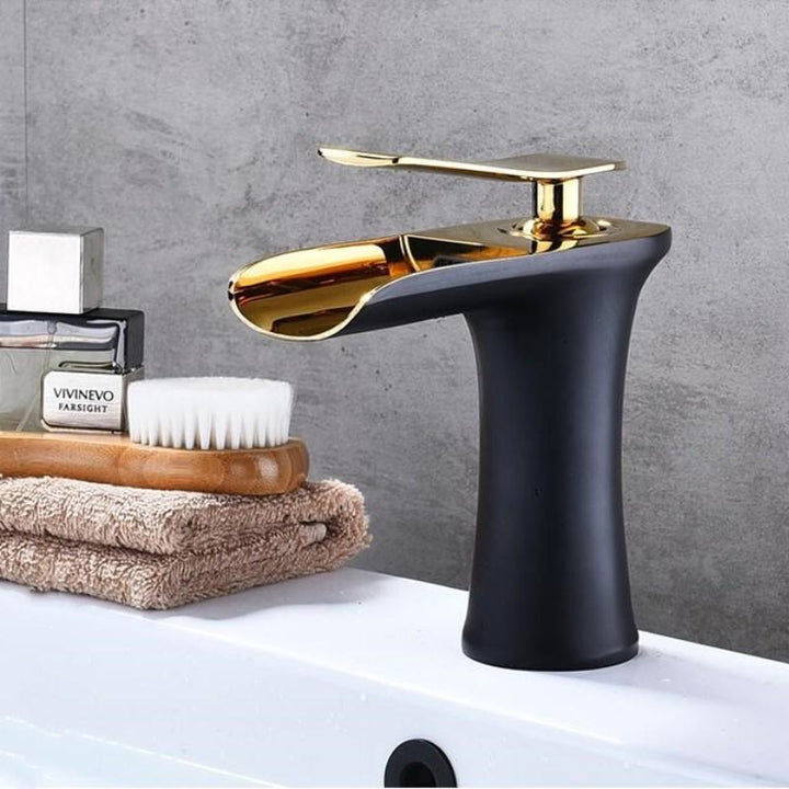 Basin Faucets Waterfall Bathroom Faucet Single Handle Basin Mixer Hot And Cold Black And Gold Faucet Brass Sink Water Crane - ATY Home Decor