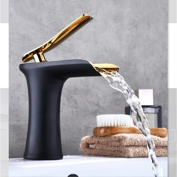 Basin Faucets Waterfall Bathroom Faucet Single Handle Basin Mixer Hot And Cold Black And Gold Faucet Brass Sink Water Crane - ATY Home Decor