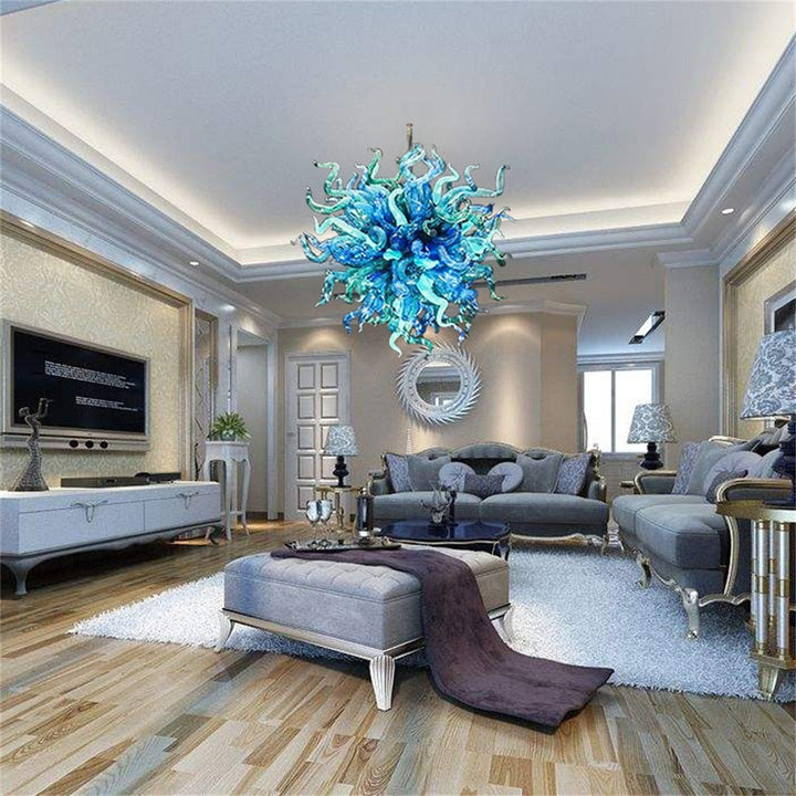 Lámpara De Cristal De Color Azul Y Verde Con Luces Led Vidrio Veneciano Soplado A Mano