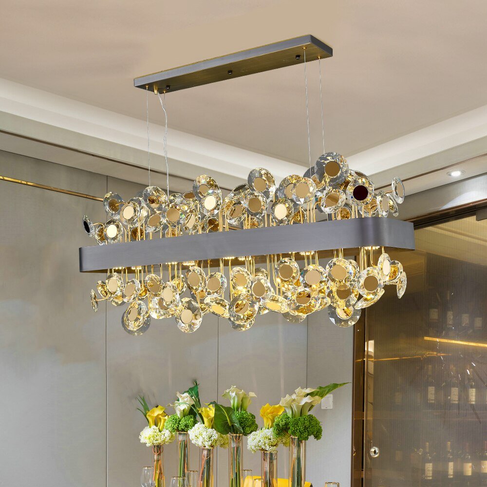 Gold Rectangle Chandelier Lighting For Living Room Crystal Lights Kitchen Island Hanging Lamp