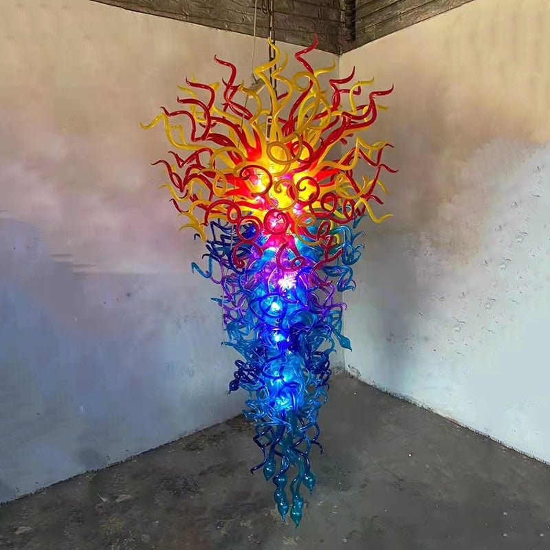 Gran araña decorativa de alta colgando naranja azul lámpara colgante escalera de caracol de largo moderno de lujo de vidrio