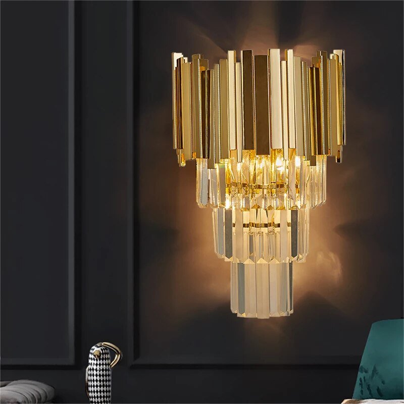 Sophisticated Crystal Wall Sconce in Gold, Chrome, or Black for Living Room, Bedroom, and Hallway Illumination