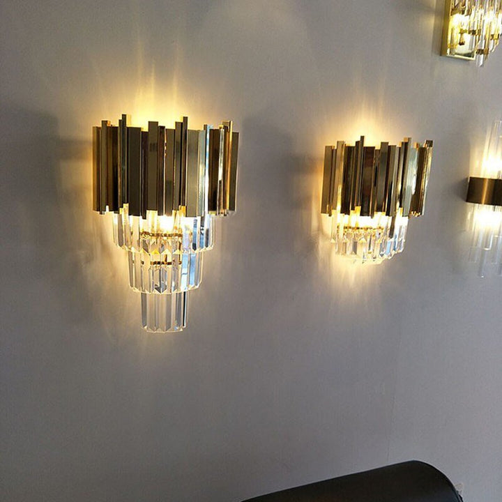 Sophisticated Crystal Wall Sconce in Gold, Chrome, or Black for Living Room, Bedroom, and Hallway Illumination