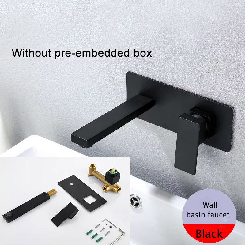 Luxury Matte Black Bathroom Faucet Basin Sink Tap Wall Mounted Square Brass Mixer Tap