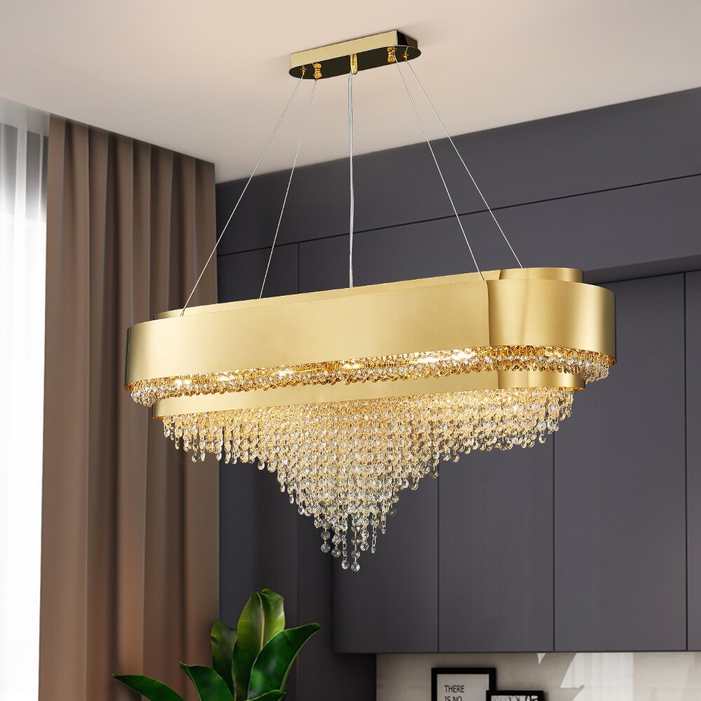 Luxury Modern Gold Crystal Chandelier Kitchen Lamp Dining Room Rectangle Light Fixture Lustre