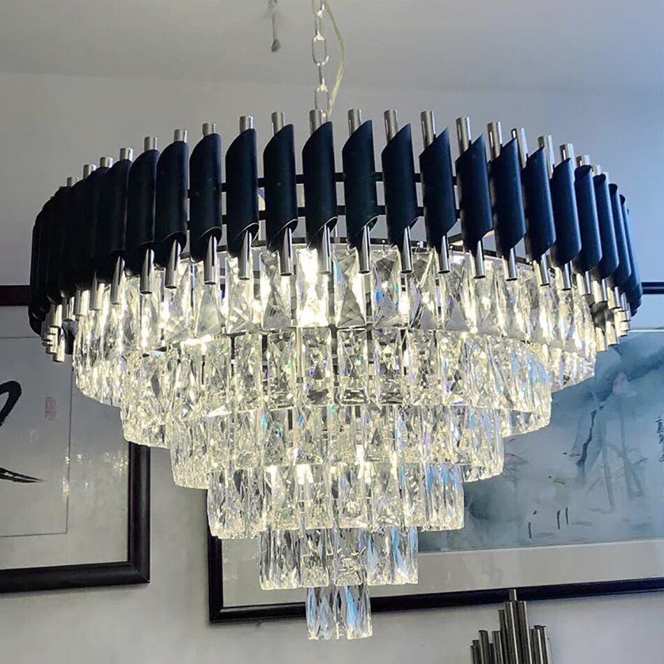 Luxury Round Black Modern Crystal Led Chandelier For Living Room