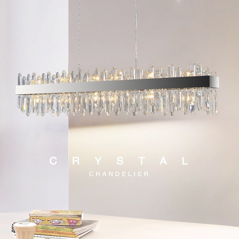 Contemporary Rectangular Crystal Chandelier in Chrome for Kitchen Island and Living Room