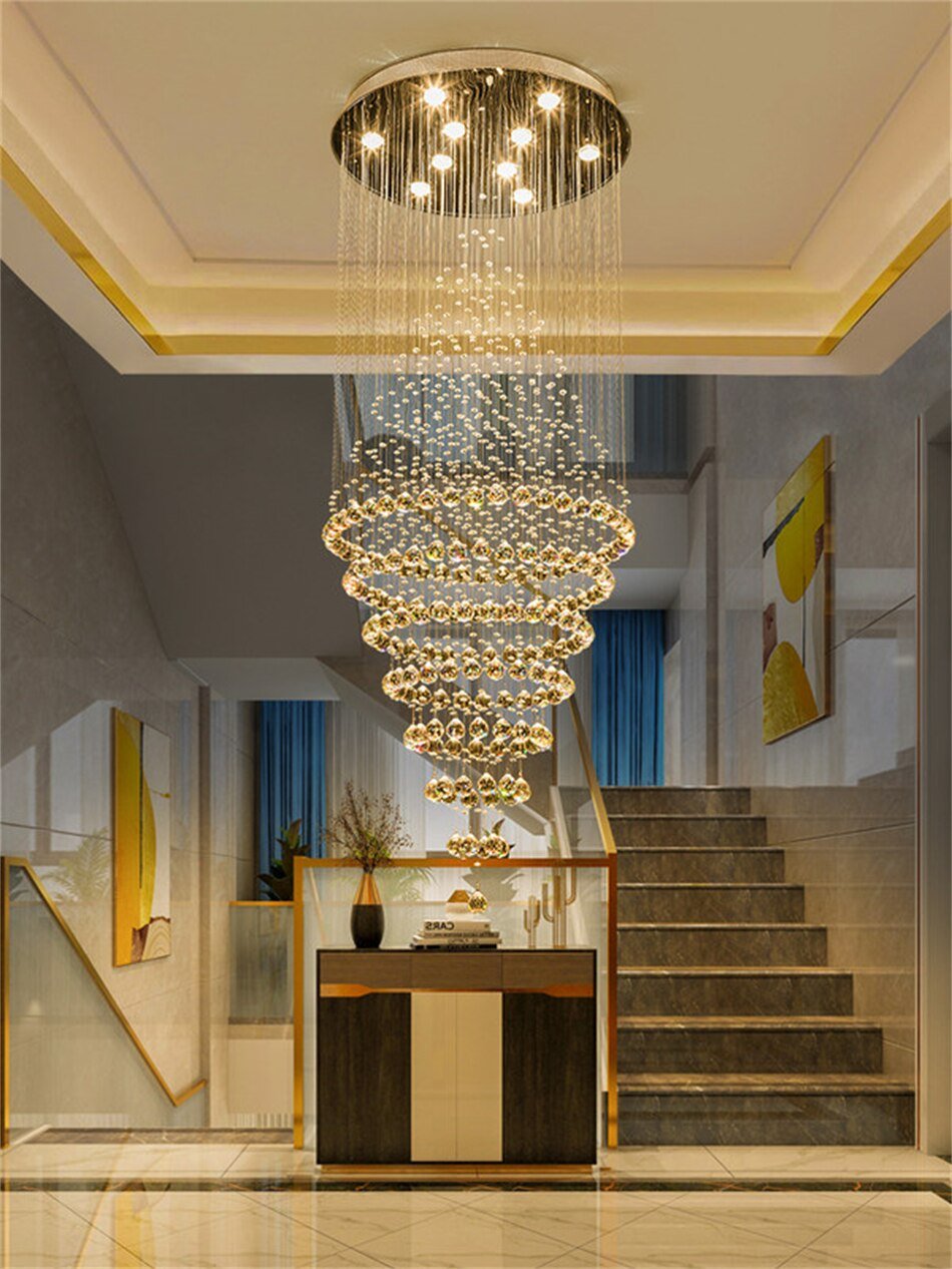 Modern LED Crystal Villa Chandelier Droplight Long Circular Crystal Lighting - ATY Home Decor