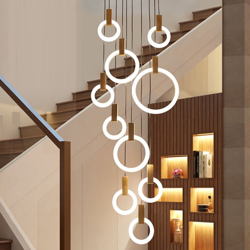 Modern LED Wooden Ring Chandelier Ceiling Living Room On Stairs Hanging Pendant Light